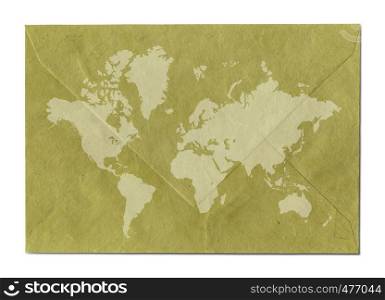 Vintage world map on old paper envelope. Vintage world map on old envelope