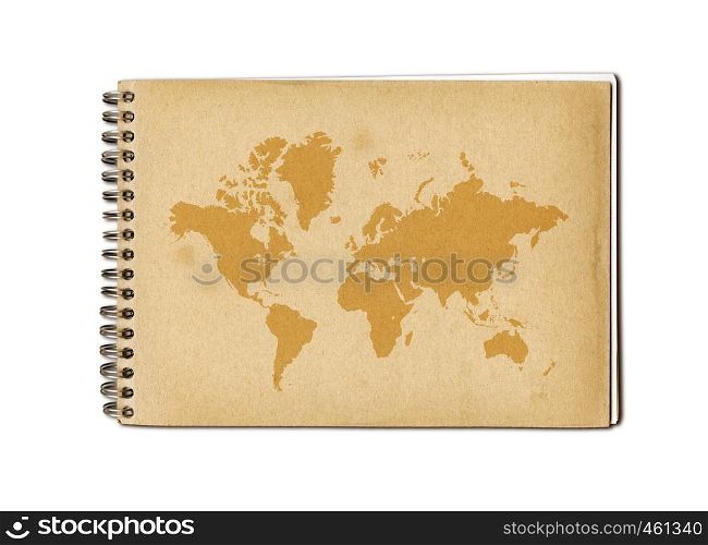 Vintage world map printed on an old notebook cover. Vintage world map on an old notebook