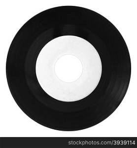 Vinyl record isolated with white label. Vinyl record vintage analog music recording medium, 45rpm single with white label isolated over white