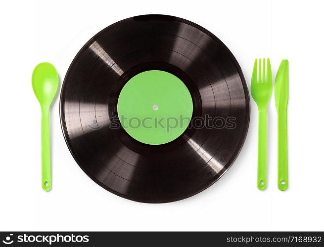 vinyl record, spoon, Fork and Knife. Isolated on white.Music party concept