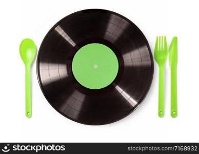 vinyl record, spoon, Fork and Knife. Isolated on white.Music party concept