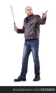 Violent man with baseball bat on white