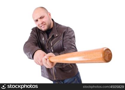 Violent man with baseball bat on white