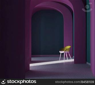 Violet arches corridor with plastic design chair, 3d rendering