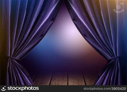 violet curtains in theater with dramatic light