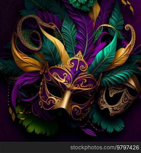 Violet Mardi Gras Carnaval Background with Mask. Generative AI