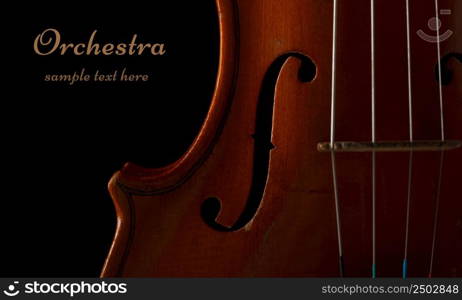 Violin detail in ambient light on black background with copy space