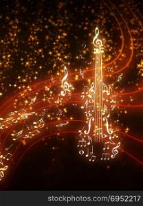 Violin silhouette made from music notes on background with glowing sparks.