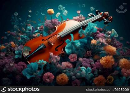 Violin surrounded floral. Classical instrument. Generate Ai. Violin surrounded floral. Generate Ai