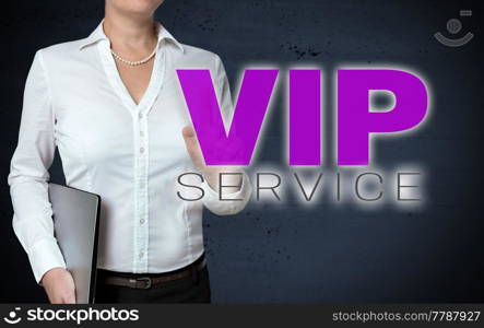 VIP service touchscreen is shown by businesswoman.. VIP service touchscreen is shown by businesswoman