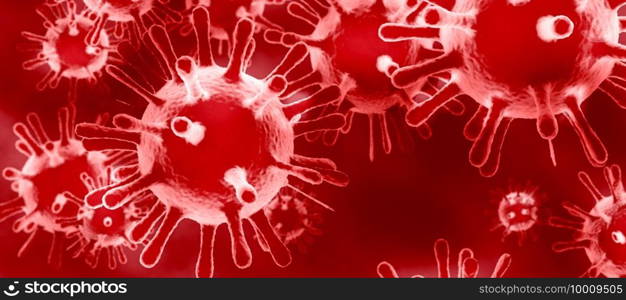Viral bacteria or microorganisms under a microscope on a red background. 3D rendering of bacteria. Pandemic health risk concept.. Viral bacteria or microorganisms under a microscope on a red background. 3D rendering of bacteria.