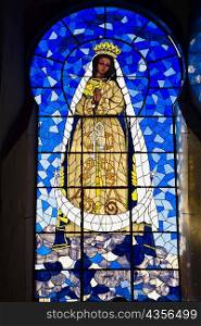 Virgin Mary painting on a stained glass, Convento De San Antonio De Padua, Izamal, Yucatan, Mexico