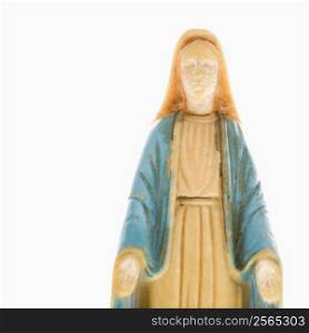 Virgin Mary statue with hands held out against white background.