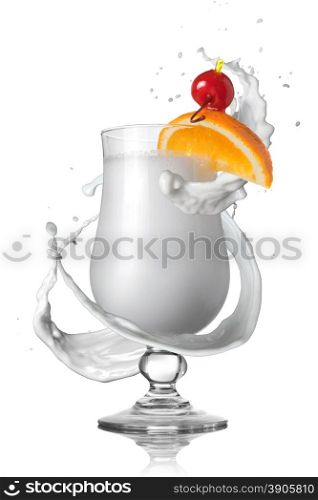 virgin pina colada white cocktail with milk splash isolated white