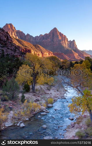 Virgin River Valley and sunlit mountains in Zion National Park