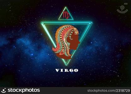 virgohoroscope sign in twelve zodiac with galaxy stars background, graphic of polygon man thinking