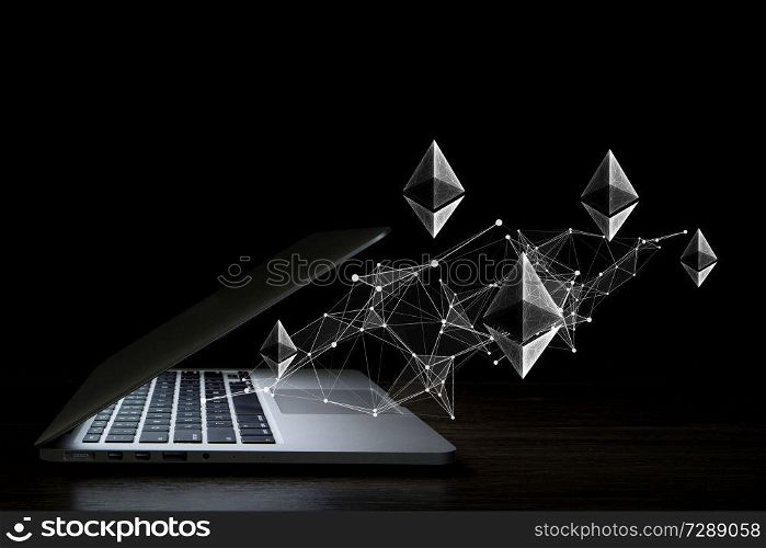 Virtual bitcoin and ethereum icons out of laptop screen. 3d rendering. Crypto currency market. Mixed media