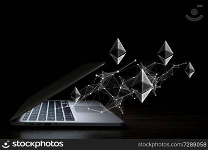 Virtual bitcoin and ethereum icons out of laptop screen. 3d rendering. Crypto currency market. Mixed media