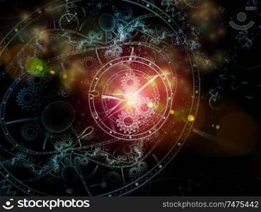 Virtual Clocks. Faces of Time series. Abstract design made of clock dials and abstract elements relevant for science, education and modern technologies