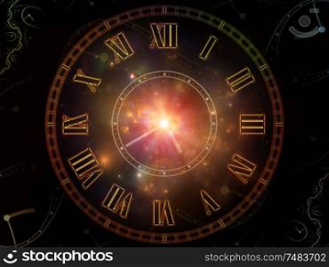 Virtual Clocks. Faces of Time series. Abstract design made of clock dials and abstract elements relevant for science, education and modern technologies