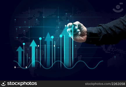 Virtual holographic chart of investments, growth of business indicators, increase in profits and a male hand on a dark blue background