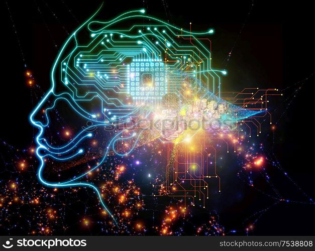 Virtual mind series. Human head integrated with CPU components on the subject of artificial intelligence, modern technologies and computer science.