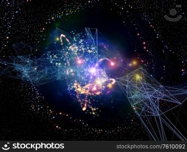 Virtual networks series. Cloud of connected lines, lights and cosmic elements integrated into background on the subject of computer networking, digital cloud storage, modern technology and education.
