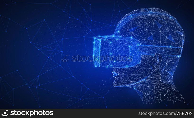 Virtual reality 3d technology network futuristic hud polygon human's head with VR headset on peer to peer network background represent high technology, gaming and virtual life concept. Horizontal layout.. Virtual reality 3d technology concept.