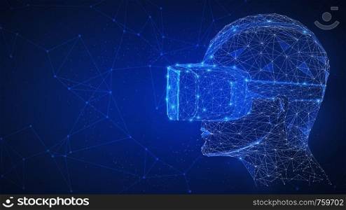 Virtual reality 3d technology network futuristic hud polygon human's head with VR headset on peer to peer network background represent high technology, gaming and virtual life concept. Horizontal layout.. Virtual reality 3d technology concept.