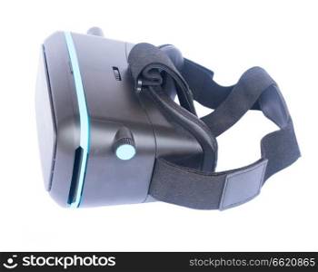 Virtual reality black glasses isolated on white background, side view. Virtual reality glasses