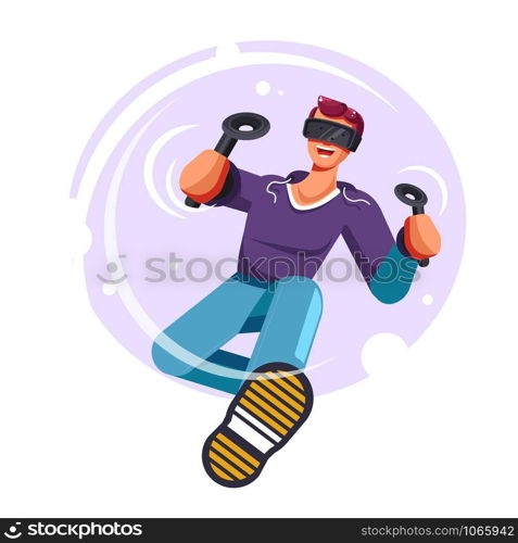 Virtual reality game isolated icon man in glasses with playing consoles modern technologies and entertainment industry guy and VR devices perform task teenager in hoodie and purple bubble vector.. Virtual reality game isolated icon man in glasses with playing consoles