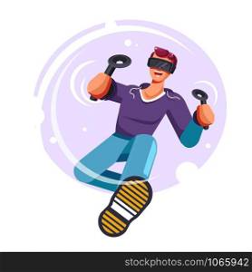 Virtual reality game isolated icon man in glasses with playing consoles modern technologies and entertainment industry guy and VR devices perform task teenager in hoodie and purple bubble vector.. Virtual reality game isolated icon man in glasses with playing consoles