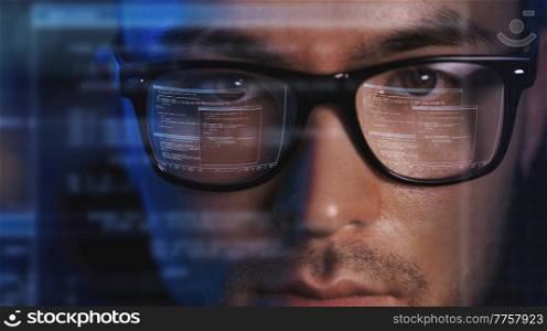 virtual reality, hacking and programming concept - close up of asian male hacker&rsquo;s face in vr glasses with computer program projection. close up of asian male hacker&rsquo;s face in vr glasses