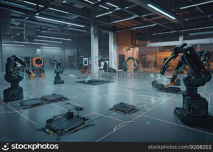 virtual reality simulation of factory floor, with robots performing various tasks, created with generative ai. virtual reality simulation of factory floor, with robots performing various tasks