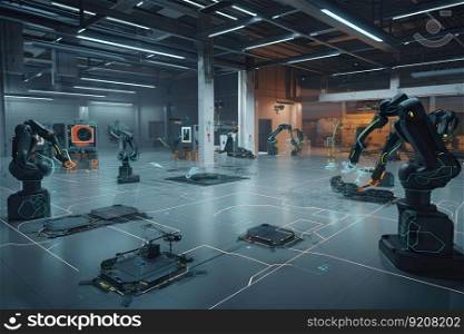 virtual reality simulation of factory floor, with robots performing various tasks, created with generative ai. virtual reality simulation of factory floor, with robots performing various tasks
