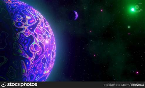 Virtual reality space with abstract multicolor psychedelic planet against starry sky. Closeup of soap bubble like an alien planet in cosmos. 3d render. Virtual reality space with abstract multicolor psychedelic planet against starry sky. 3d Render