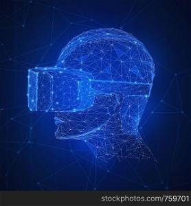 Virtual reality technology futuristic hud background. Polygon 3d human with 360 VR headset glasses of virtual reality. Using of high technology and 3d mask concept. Low poly design. Square layout. Virtual reality technology futuristic 3d hud banner.