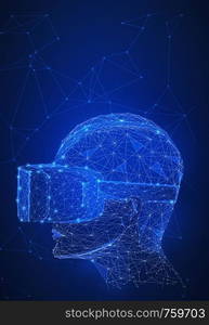 Virtual reality technology network futuristic hud polygon 3d human's head with VR headset on peer to peer network background represent high technology and digital device concept. Vertical layout.. Virtual reality 3d technology concept.