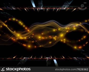 Virtual Reality. Virtual Wave series. Composition of horizontal sine waves and light particles in association with data transfer, virtual, artificial, mathematical reality.
