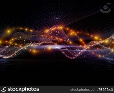 Virtual Reality. Virtual Wave series. Interplay of horizontal sine waves and light particles for data transfer, virtual, artificial, mathematical reality.