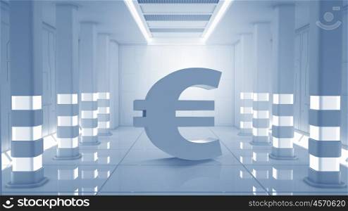 Virtual room with euro figure. Euro currency symbol in elegant futuristic interior