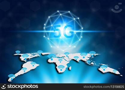 Virtual screen 5G network and wifi on the world map, World map on a technology 5G background, Technology Internet 5G global network concept.