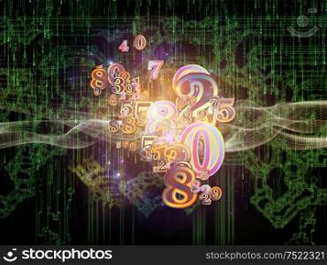 Virtual Space of Technology series. Background of abstract elements and digits in 3D space on science, education, communication and modern technology.