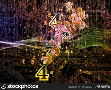 Virtual Space of Technology series. Background of abstract elements and digits in 3D space on science, education, communication and modern technology.