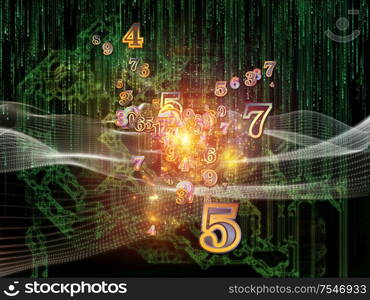 Virtual Space of Technology series. Background of abstract elements and digits in 3D space on science, education, communication and modern technology.