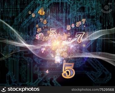 Virtual Space of Technology series. Composition of abstract elements and numbers in 3D space on science, education, communication and modern technology.
