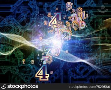 Virtual Space of Technology series. Interplay of fractal and number elements in 3D space on science, education, communication and modern technology.