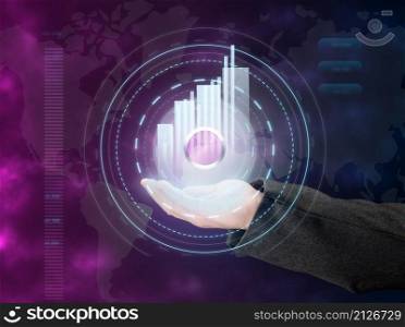 Virtual start button on the holographic screen. Futuristic diagram with a schedule, starting a business and a new life. Running a program with a male hand