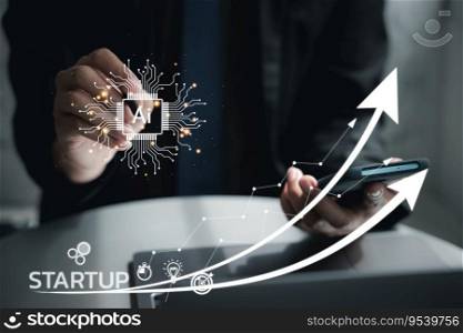 Virtual startup interface with network connection and icon business. Business growth graph chart on laptop with finance and investment strategy for future success