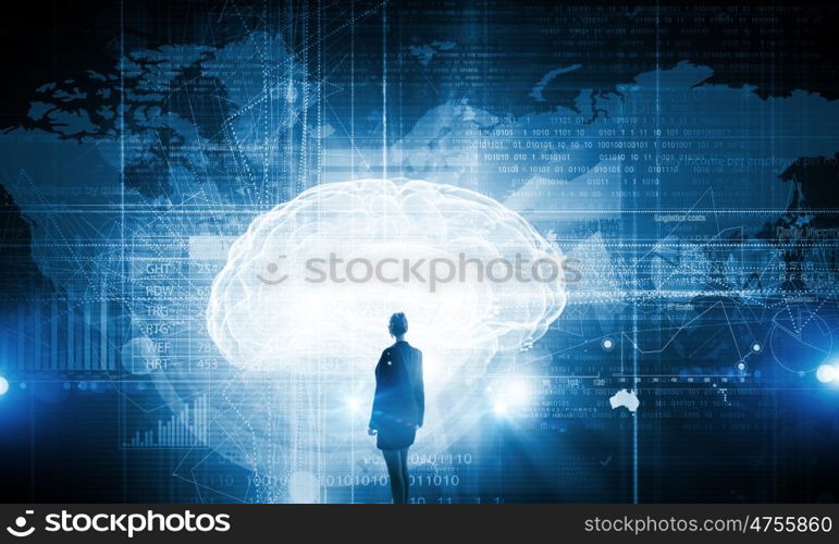 Virtual technologies. Back view of businesswoman with suitcase in hands looking at virtual panel